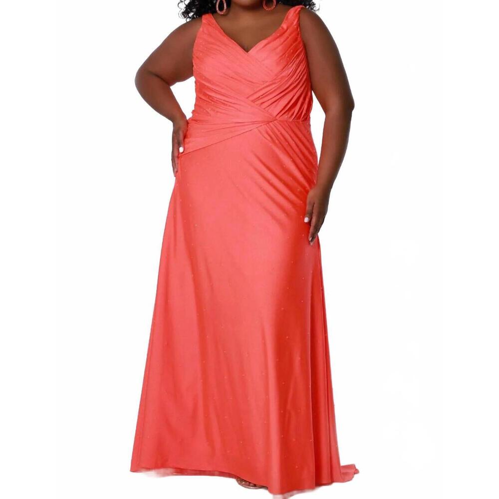 NEW SYDNEY'S CLOSET stretch lycra ruched gown in fluorescent orange